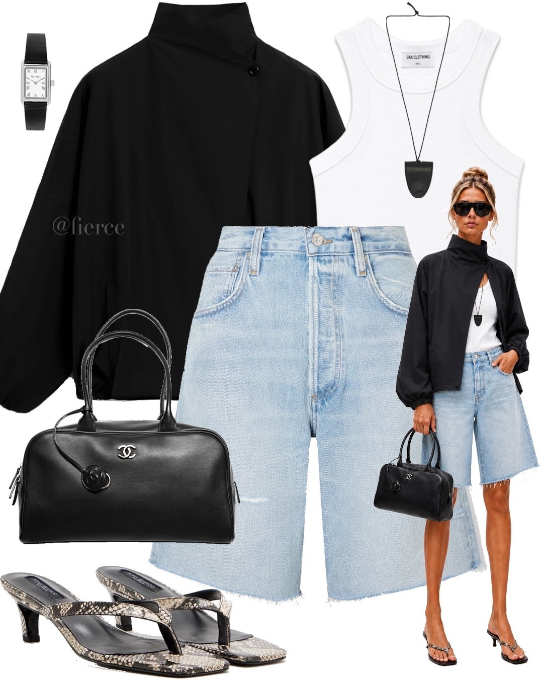 Shake kitten heel sandals black funnel neck technical jacket blue denim Bermuda shorts Chanel bowling bag black cord necklace

#LTKuk #LTKautumn #LTKeurope