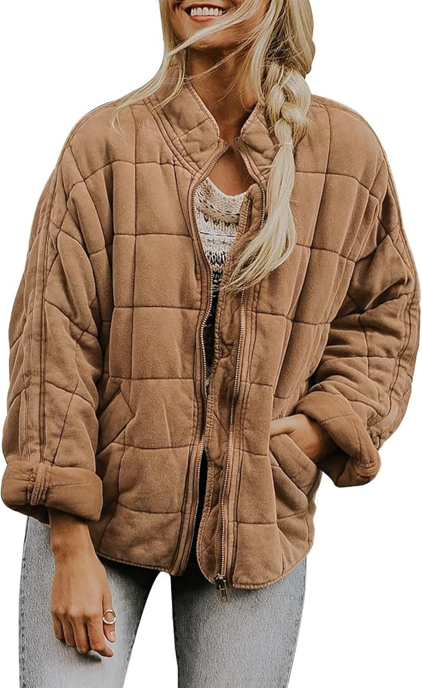 ETCYY Women's Causal Lightweight Quilted Jackets Long Sleeve Oversized Warm Winter Zip Up Coat with  | Amazon (US)