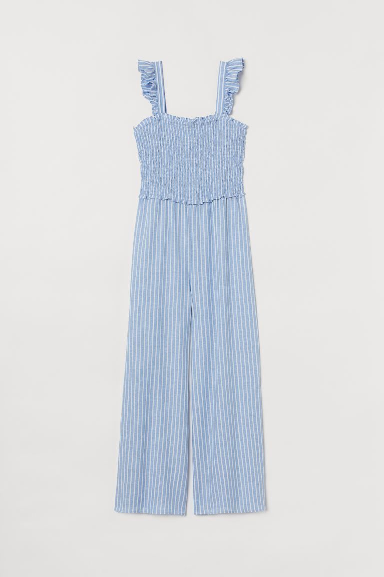 Jumpsuit in woven fabric with wide, flounce-trimmed shoulder straps and a smocked bodice with ela... | H&M (UK, MY, IN, SG, PH, TW, HK)