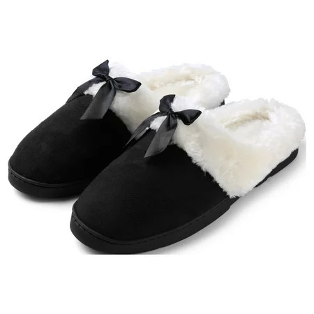 Women s Soft and Cozy Ribbon Bow Plush Slippers With No-Slip Rubber Sole For Indoor Outdoor Spa Use (Black) | Walmart (US)