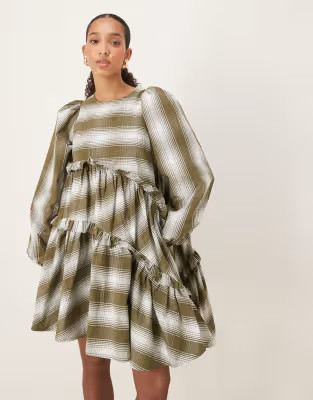 Ghospell ruffle aysmmetric mini dress in green stripe | ASOS (Global)