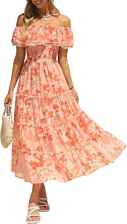 Simplee Womens Spring Ruffle Off Shoulder Floral Maxi Dress Summer Smocked Tiered Beach Flowy Wed... | Amazon (US)