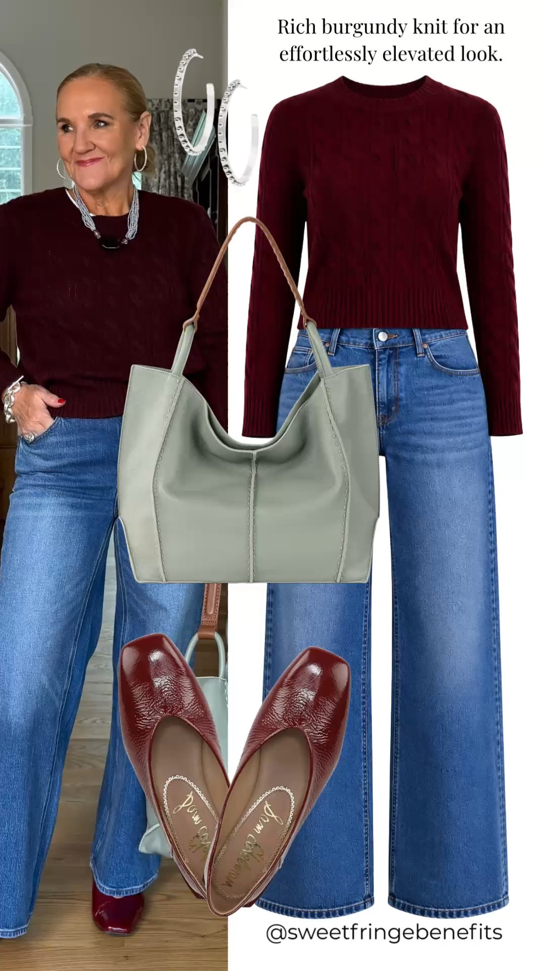 This rich burgundy cable-knit sweater and classic denim make an effortlessly elevated everyday look. The soft sage tote and burgundy flats add beautiful color while keeping it polished and versatile.

💡 LTK MADE EASY
❤️ Heart = Support my posts!
🔖 Save = Get sale & restock alerts
📋 Lists = Keep favorites organized
📲 Share = Send lists and products to a friend. Hello, Christmas List!
💬 Comment = Ask me anything about what I'm wearing.:-)

#LTKdayinmylife #LTKgrwm #LTKootd