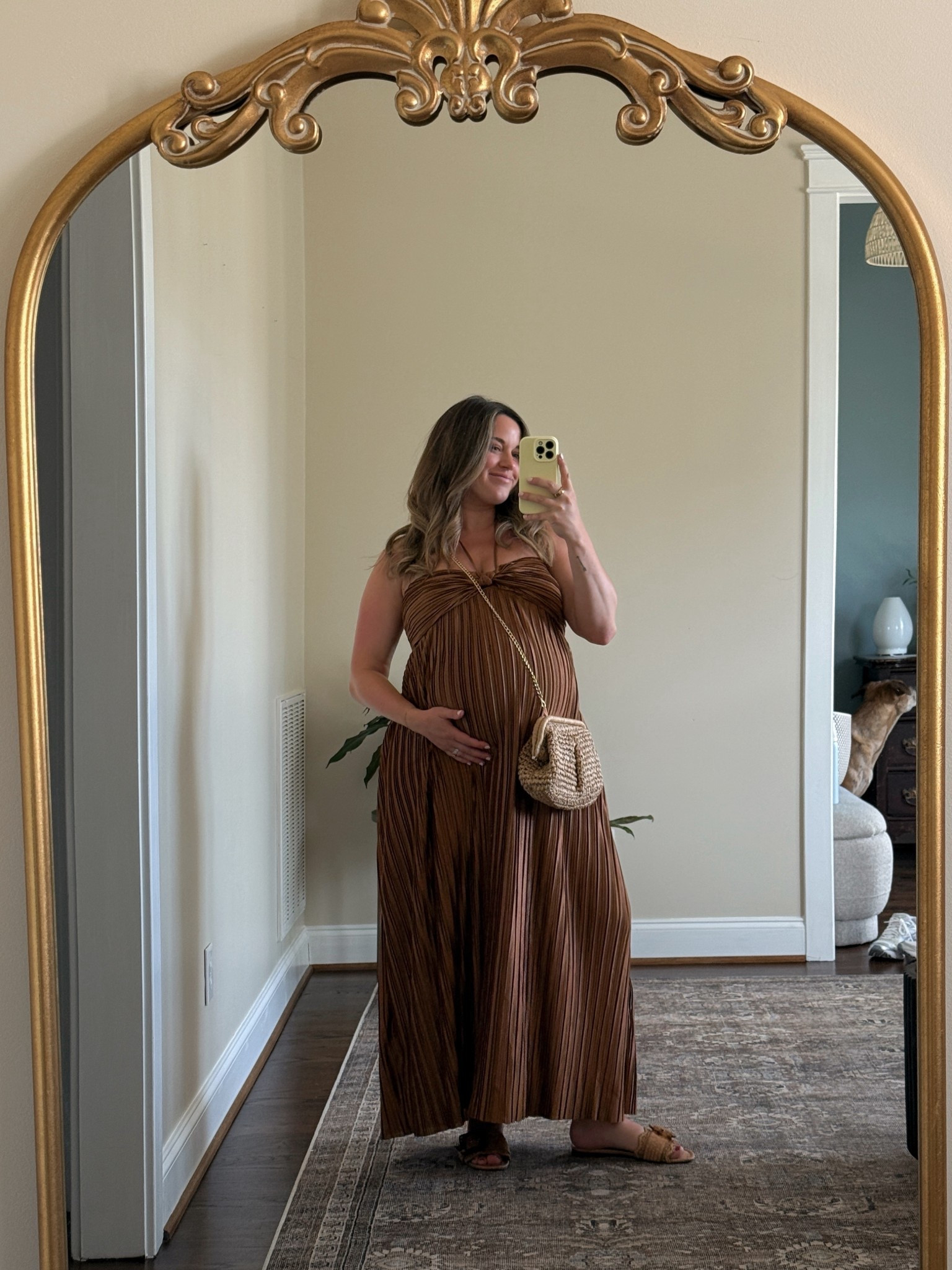 Dress is a medium and I adore it! So flattering and bump friendly 
Clutch is from petal and pup but linking similar styles! 

#LTKWedding #LTKootd #LTKTravel