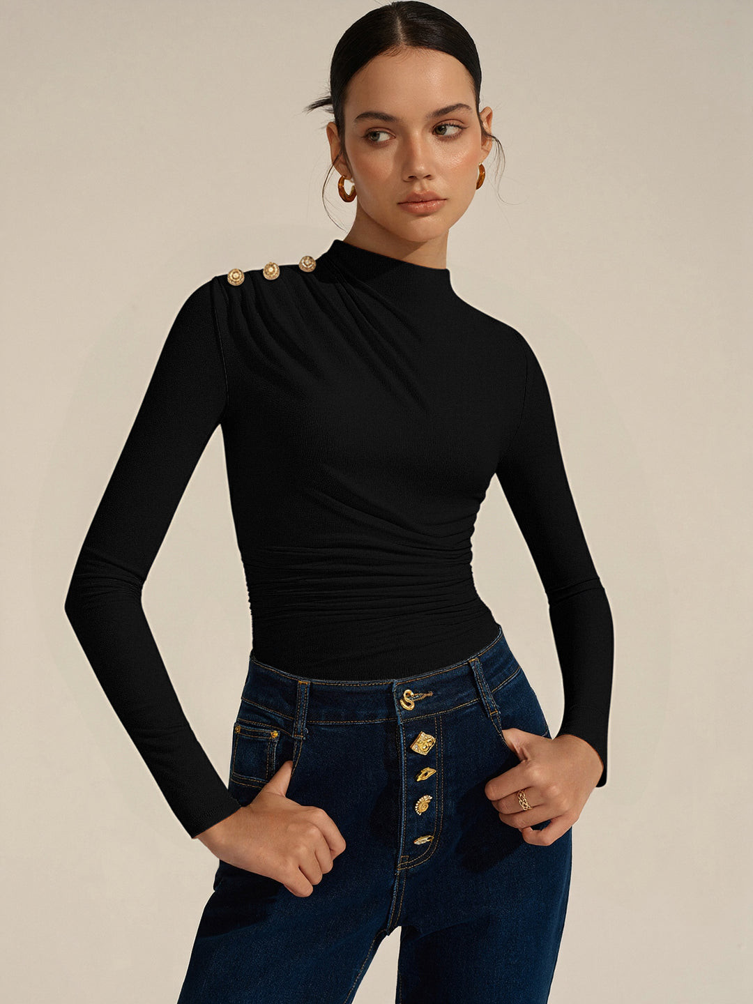 Ruched Shoulder-Decor Long Sleeve Bodysuit | Commense