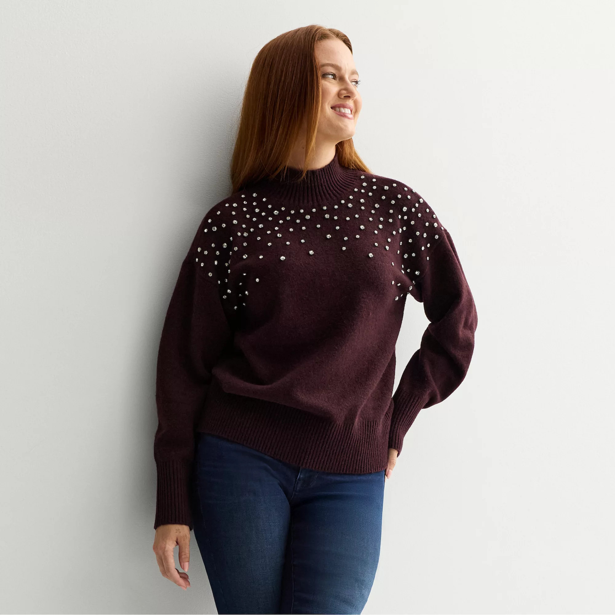 Women's Nine West Mock Neck Embellished Pullover | Kohl's