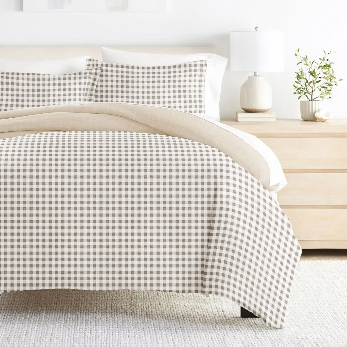 Gingham Check 3PC Duvet Cover Set - Modern Natural Pattern, Zippered Closure, Easy Care - Becky C... | Target
