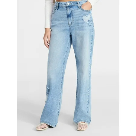 No Boundaries High Rise Baggy Wide Leg Jeans with Heart Patch 32 Inseam Women’s and Women s Plu... | Walmart (US)
