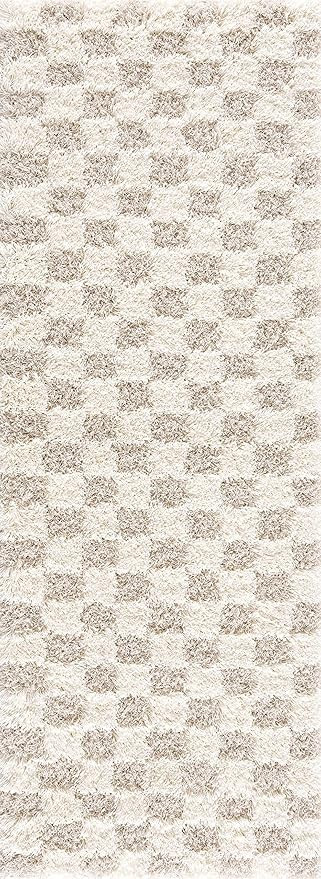 Atira Modern Checkered Shag Runner Rug - High Pile Fluffy Shaggy Carpet - Kids Room, Hallway, Kit... | Amazon (US)