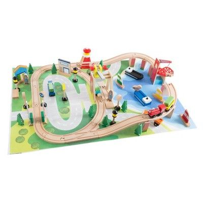 Hey! Play! Kids Deluxe Wooden Train Set with Play Mat | Target