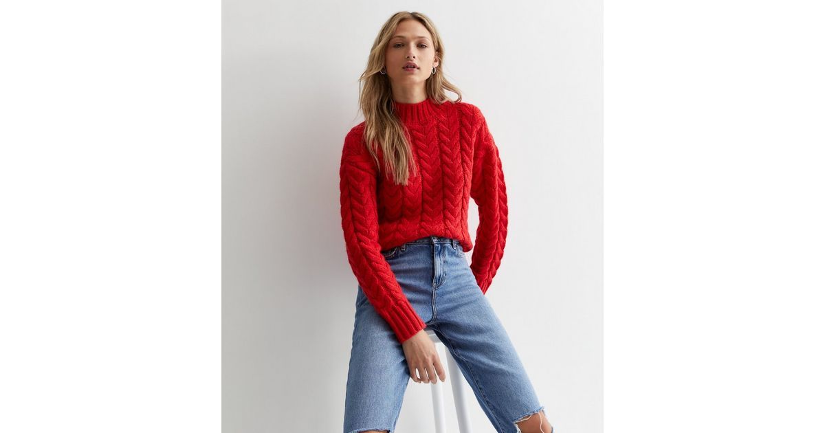 Dark Red Cable Knit High Neck Jumper
						
						Add to Saved Items
						Remove from Saved Item... | New Look (UK)