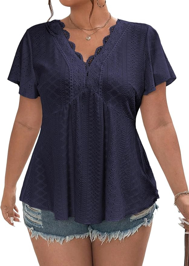 Eytino Womens Plus Size Tops Lace Crochet V Neck Short Sleeve Eyelet Blouse Loose Casual Summer P... | Amazon (US)