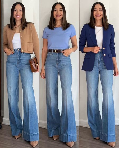 Wide legs/ flare denim trousers styled, three ways

• jeans - 25 classic, petite would have been better for a shorter heel, I’m wearing chambray wash, runs a bit big in the waist 
• sweater jacket xs - link to similar style
• tops xs 


#LTKworkwear #LTKstyletip