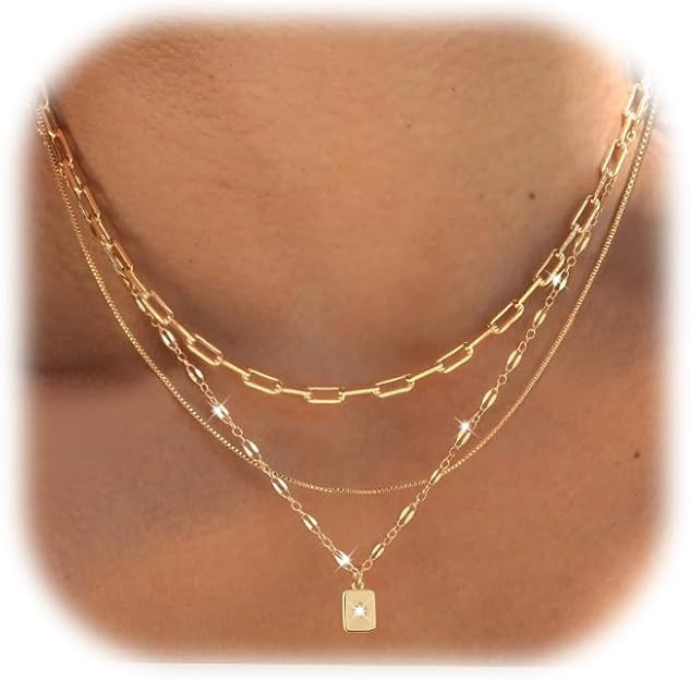 YEEZII Layered Gold Necklaces for Women Trendy, 3 Pcs 14K Gold Plated Choker Paperclip Box Chain ... | Amazon (US)