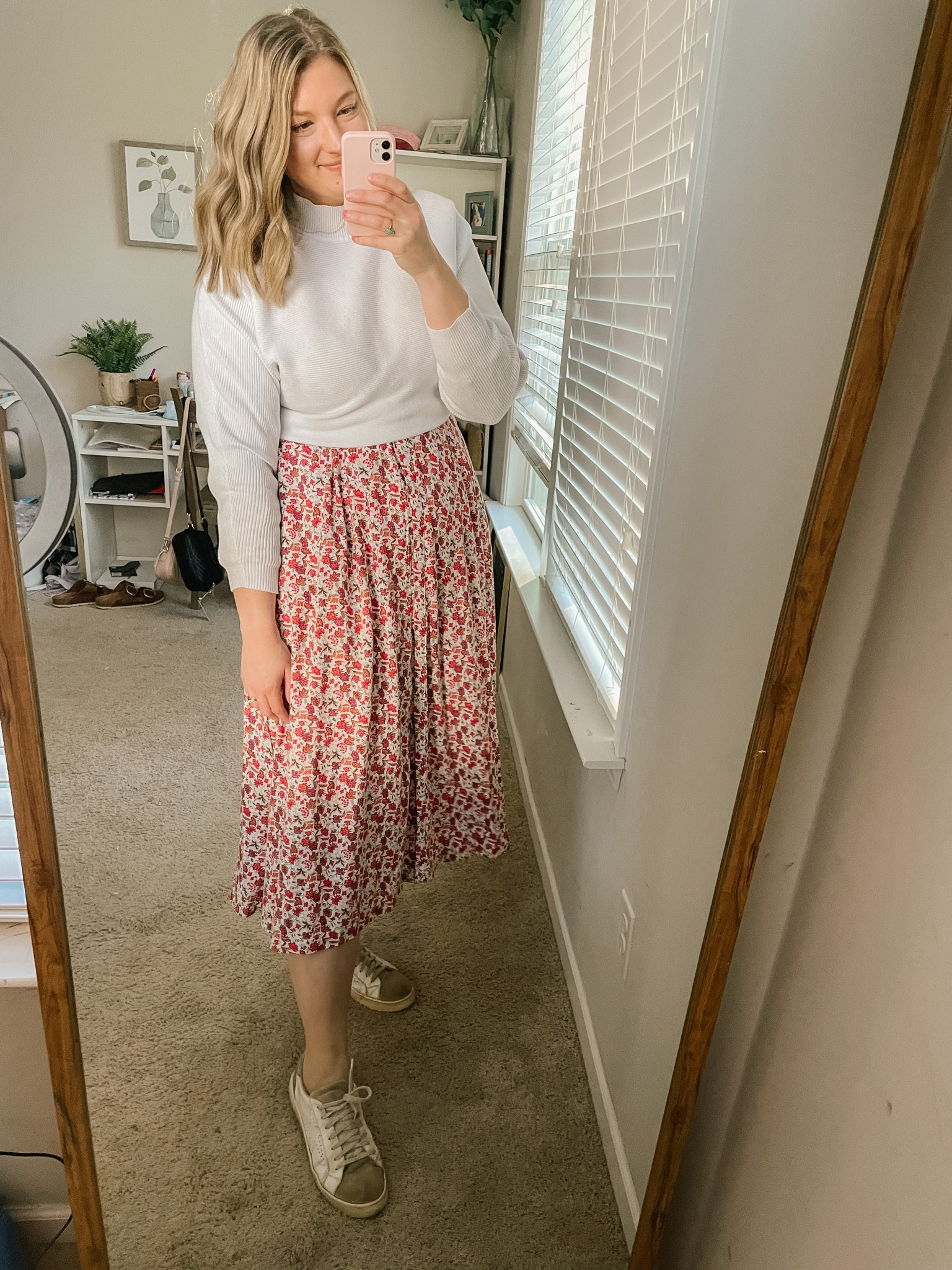 Sweater. Long sleeve Floral dress. Sneakers  

#LTKunder50 #LTKSeasonal #LTKstyletip