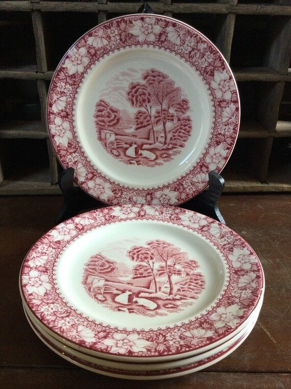 Vintage Wood & Sons Pink/ Red Transferware Set of 4 Salad Plates  /Colonial Pattern/ Rural Scene ... | Etsy (US)