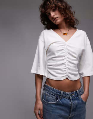 Topshop ruched v-neck short sleeve top in ivory | ASOS | ASOS (Global)