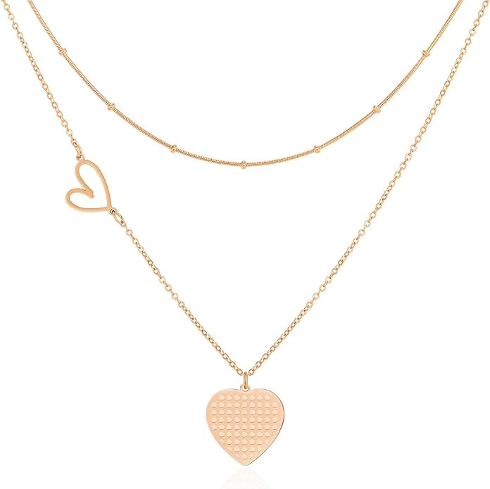 Linawe Heart Pendant Layered Necklaces for Women Trendy, Stainless Steel Hypoallergenic Choker La... | Amazon (US)