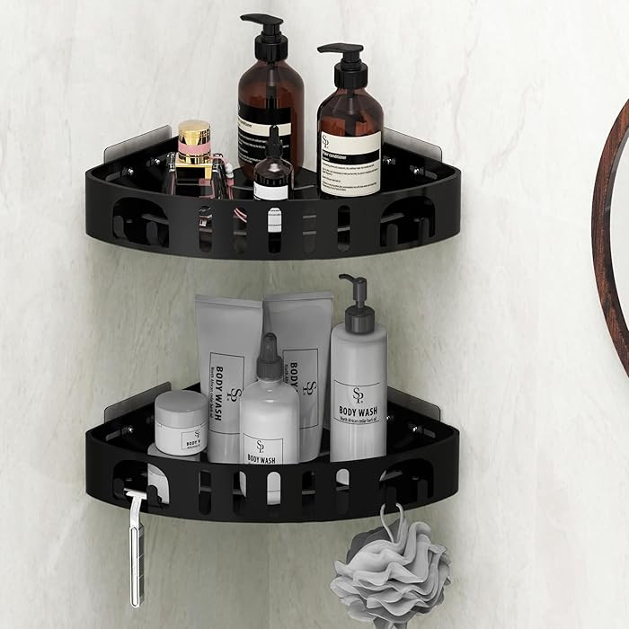 Adhesive Corner Shower Shelf No Drill | Rust-Proof Aluminum Alloy Stick On Bathroom Organizer wit... | Amazon (US)