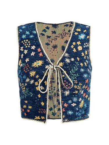 SweatyRocks Women's Floral Print V Neck Vest Tie Front Sleeveless Boho Vests Tops Royal Blue X-Small | Amazon (US)