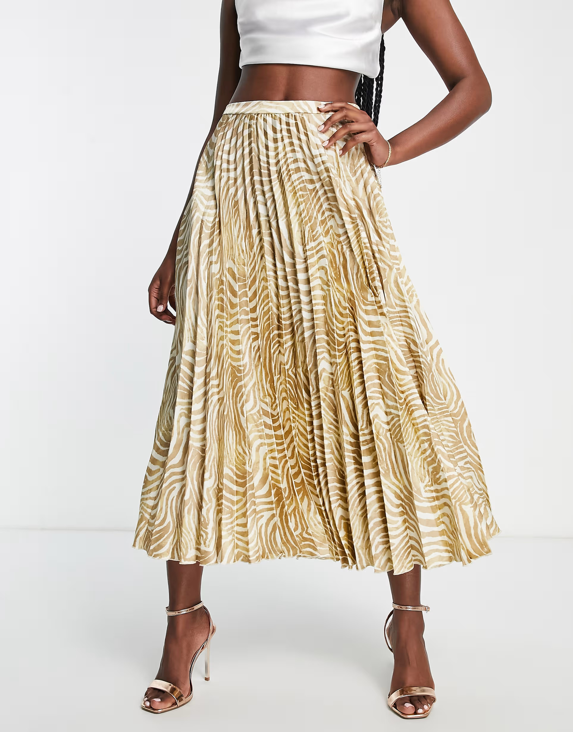 ASOS DESIGN satin pleated midi skirt in beige and white zebra print | ASOS (Global)