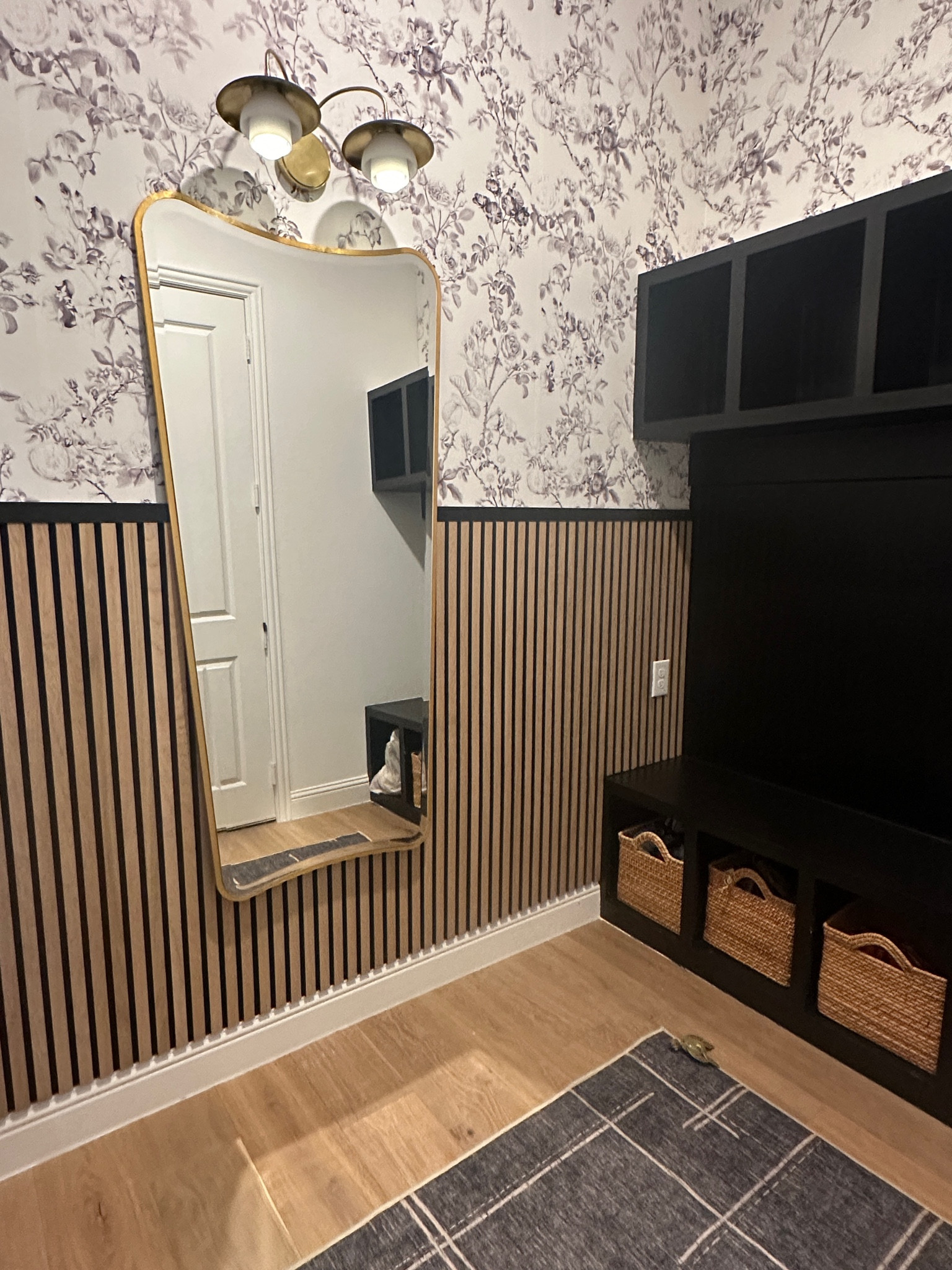 Mud room. Interior decorating. Wood panel accent wall. Wallpaper accent wall. 

#LTKHome #LTKFamily #LTKStyleTip