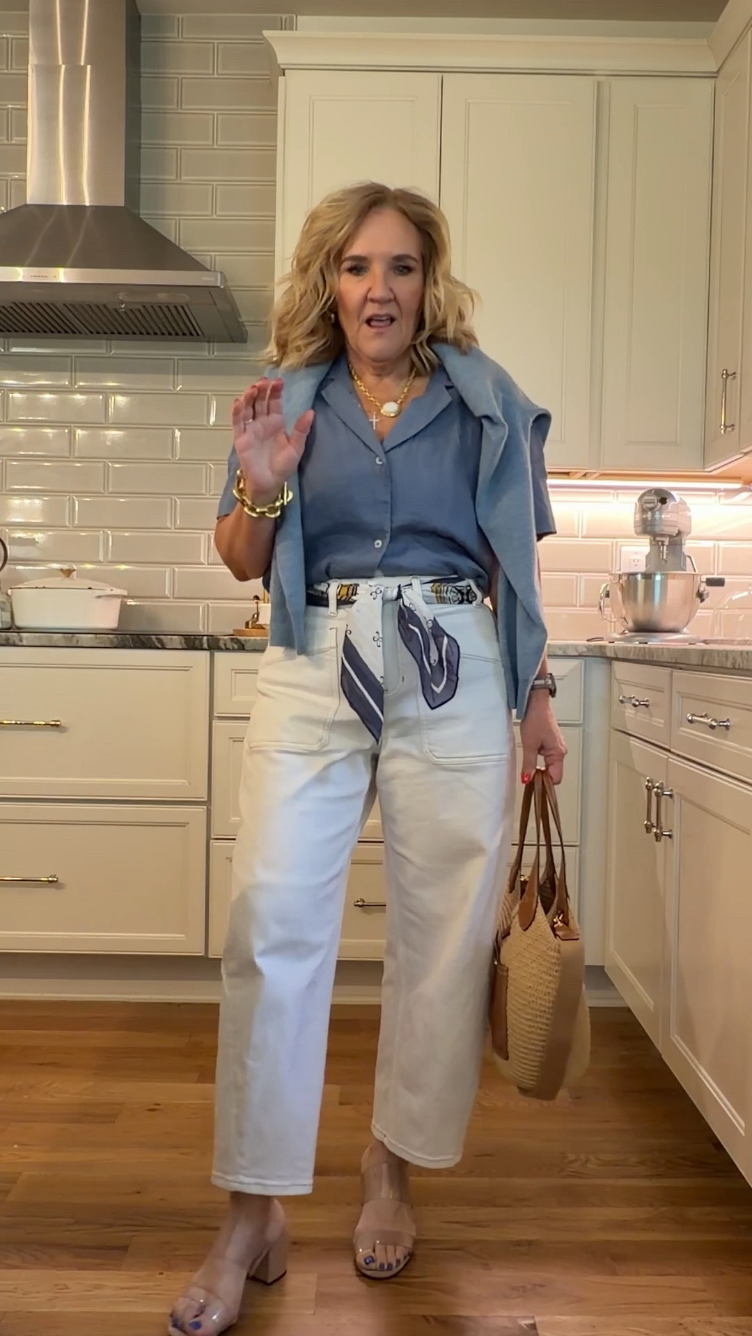 Quince top size medium also linking a coordinating cashmere size medium 
Jeans are a spanx barrel size medium petite 
10% off my bag with code NANETTE

Casual spring ecru jeans blue shirt


#LTKOver40 #LTKootd #LTKPetite