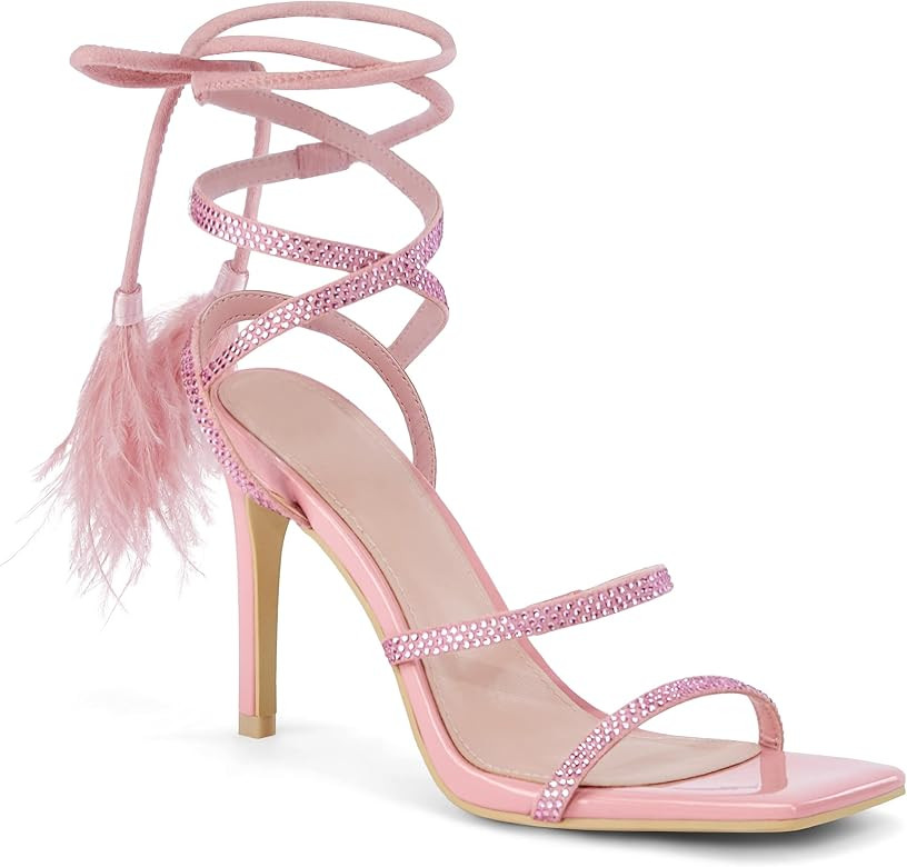 Coutgo Women Rhinestone Lace up Feather Heels Sexy Strappy High Stiletto Heel Sandals Dress Shoes Op | Amazon (US)