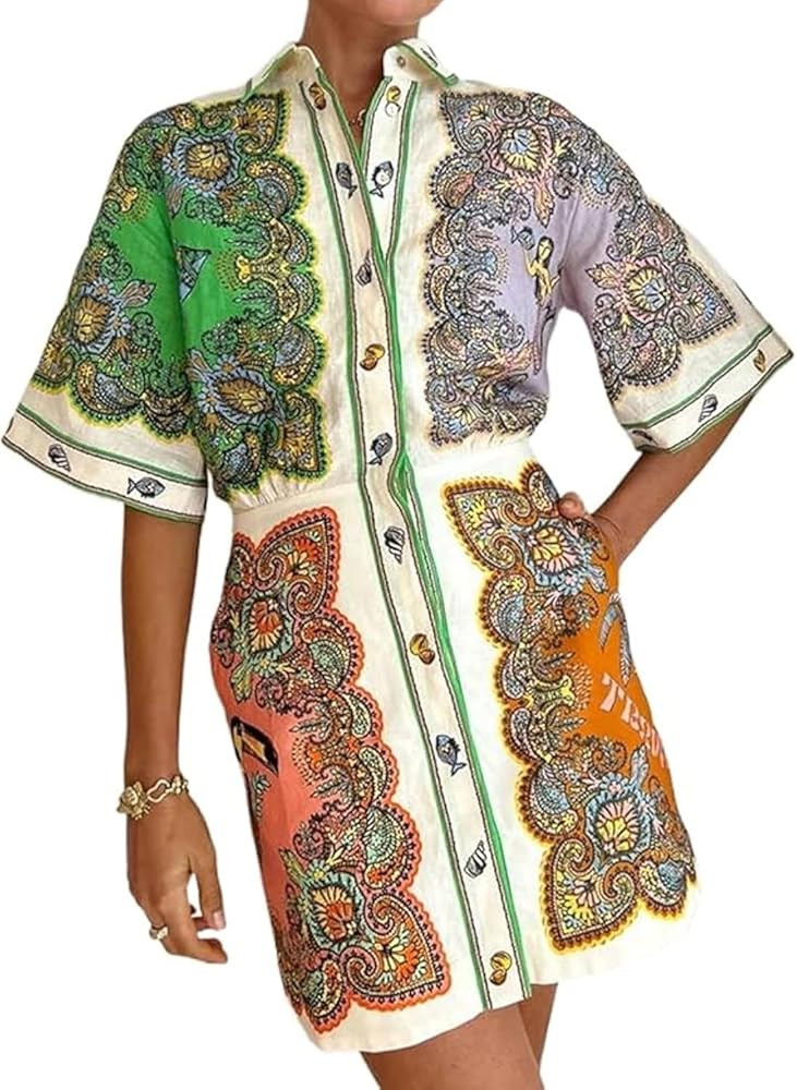 Short Sleeve Floral Dresses Colorful Vintage Boho Dress Women Tropical Dress Graffiti Y2k Dress | Amazon (US)