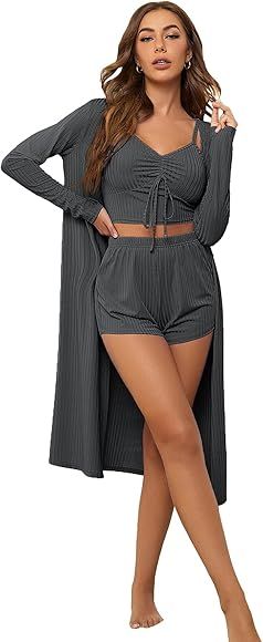 SheIn Women's 3 Piece Pajama Set Open Front Cardigan Cami Crop Top Shorts Loungwear Sleepwear | Amazon (US)