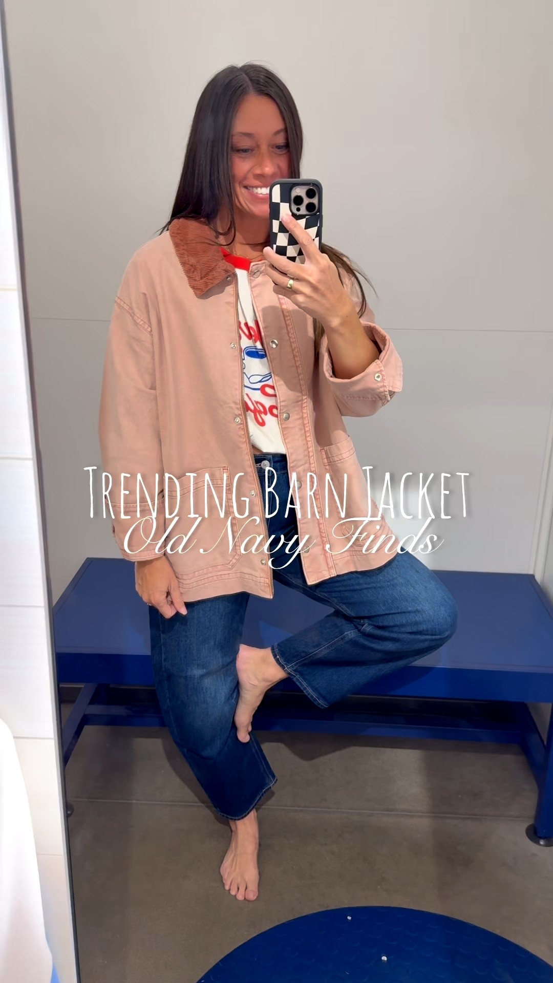 Looking 👀 for that affordable but cute go to barn jacket? Old Navy has  three color options including this mauve pink which I love! 💗 Plus there are so many things on SALE! 

I paired it with this fun graphic tee and barrel jeans. Perfect for on the go during the holiday season. 🧡

Add it to your wish list now before they sell out! 🚨

The shirt is an XL for oversized fit, barn jacket size Large and fits perfect, the jeans are a 2. 🩷 I’m normally a size small. 

Weight 130lbs carry in midsection and booty. 😄Small chested with broad shoulders. Height 5’5”. 

#LTKFindsUnder50 #LTKGiftGuide #LTKSaleAlert