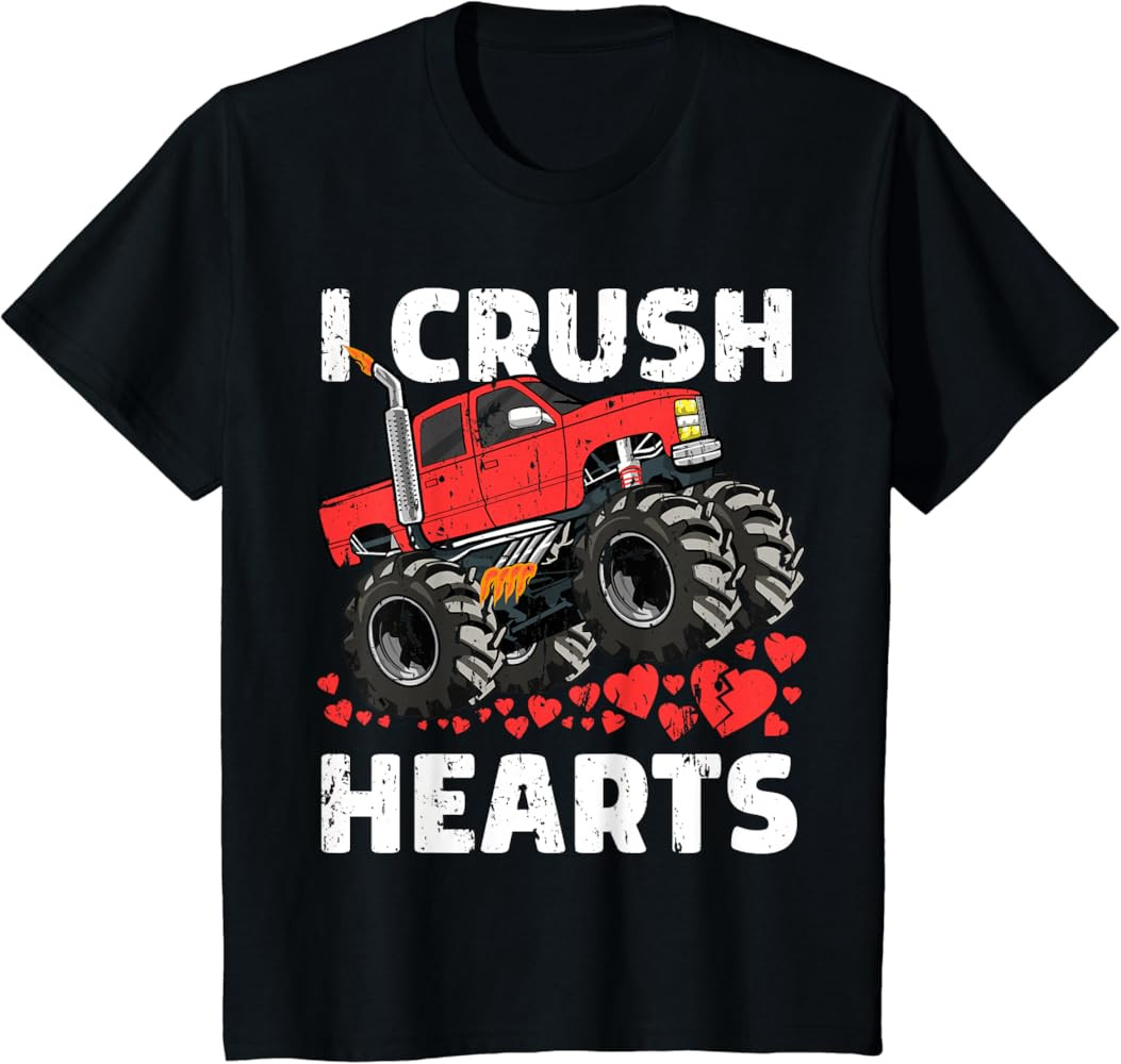 Kids Valentines Day Monster Truck Boys Toddler I Crush Hearts T-Shirt | Amazon (US)