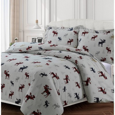 Queen 3pc Plaid Moose Printed Cotton Flannel Oversized Duvet Set Multi - Tribeca Living: Holiday Bedding with Corner Ties | Target