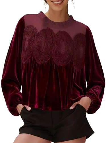 Gozoloma Women's Long Sleeve Velvet Trim Lace Blouse Elegant Flared Swing Top Round Neck Blouse C... | Amazon (US)