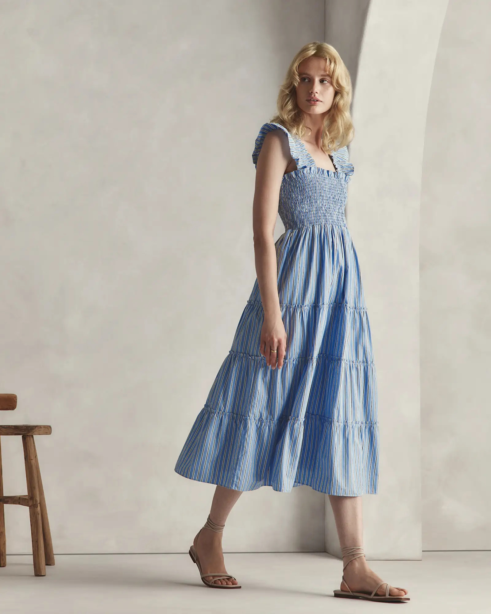 100% Organic Cotton Poplin Smocked Midi Dress in Tribeca Stripe | Quince