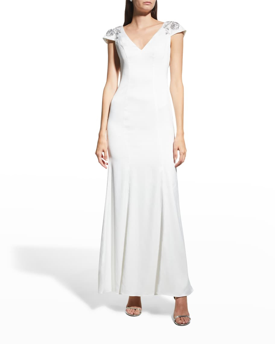Marchesa Notte V-Neck Beaded Cap-Sleeve Gown w/ Bow | Neiman Marcus