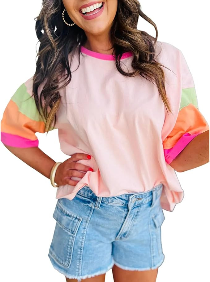 SELINK Womens Long Sleeve T Shirts Loose Fit Casual Fall Tops Trendy Colorblock Oversized Tshirts | Amazon (US)