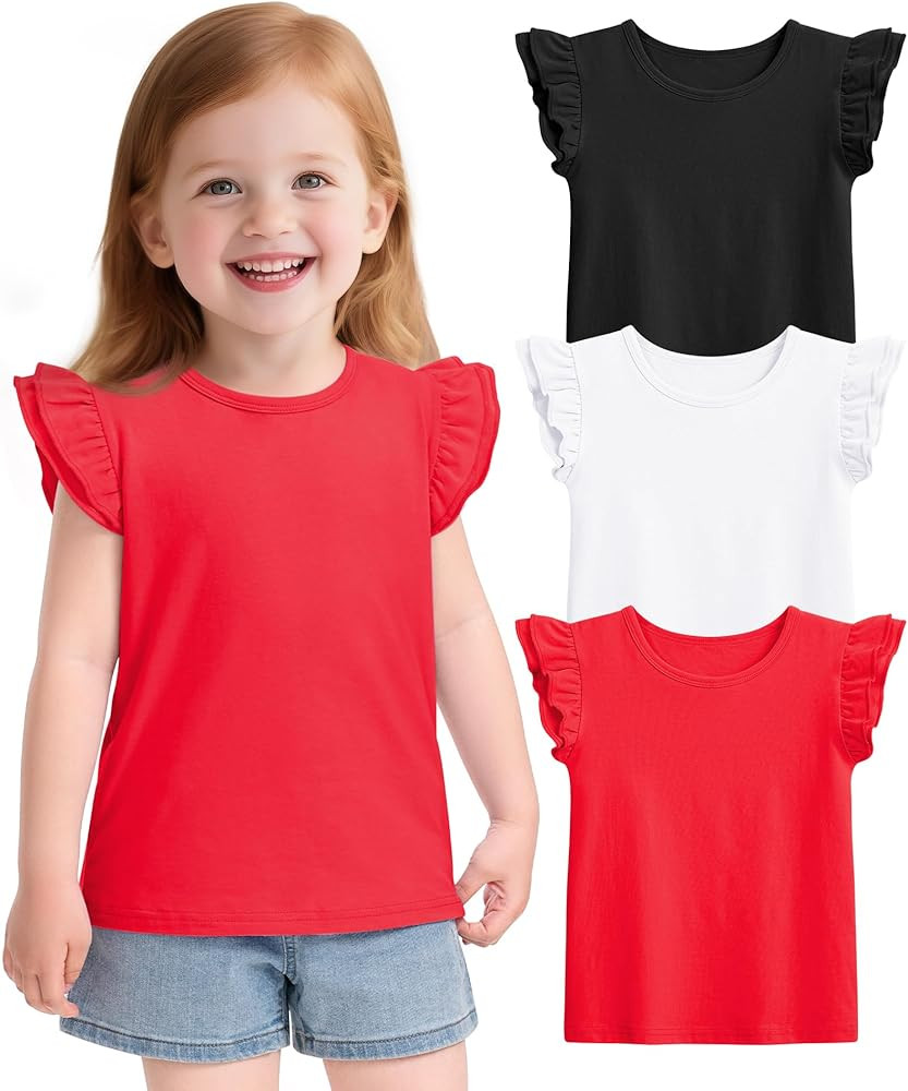 Witwot 3 Pack Toddler Girl Shirts Cotton Baby Girls Ruffle Sleeve Tee Cute Blouse Tops Size 2T - ... | Amazon (US)