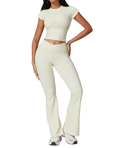 ABOCIW Workout Sets for Women Crossover High Waist Flare Leggings and Cap Sleeve Workout Crop Tops Athletic Shirts 2 Piece Outfits Cream Medium | Amazon (US)