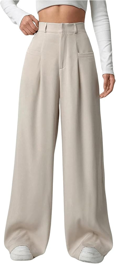 GORGLITTER Women's Elastic High Waisted Wide Leg Baggy Pants Business Casual Pleated Loose Trouse... | Amazon (US)