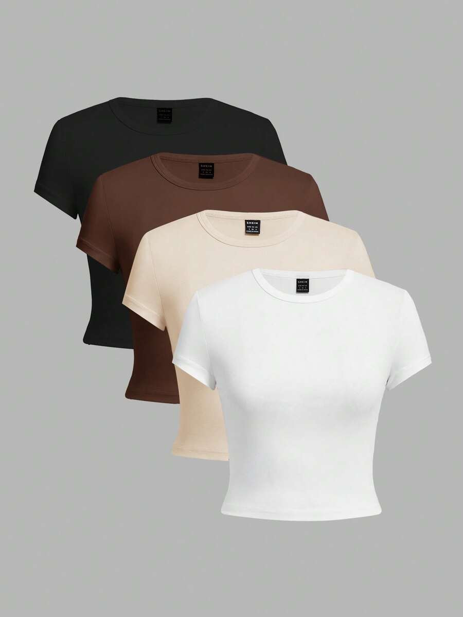 SHEIN EZwear 4pcs/Set Solid Color Cropped Round Neck Short Sleeve Fitted Women T-Shirt, Suitable ... | SHEIN