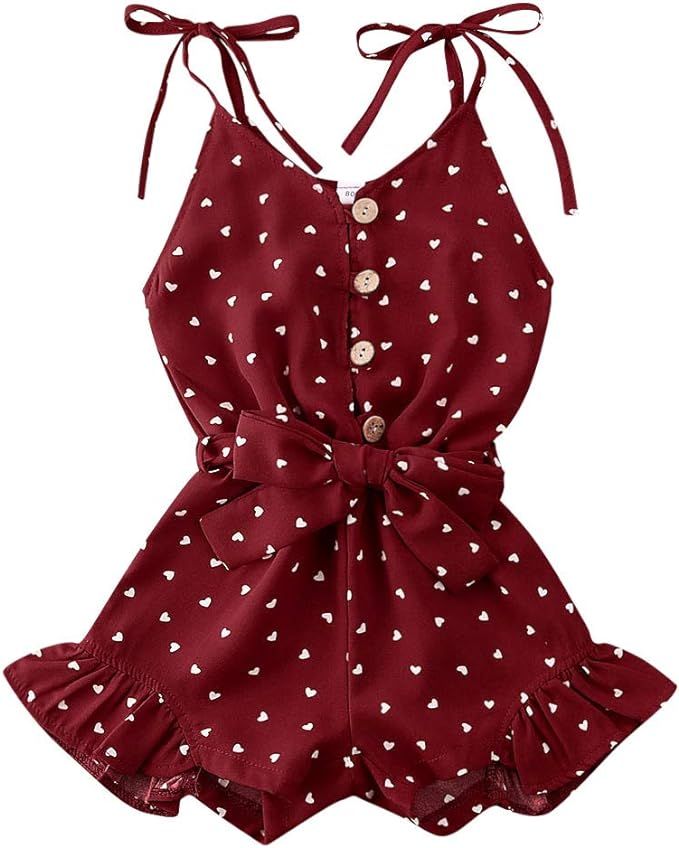 iddolaka Toddler Baby Girl Heart Print Suspender Romper Jumpsuit Playsuit Holiday Clothes Kids Su... | Amazon (US)