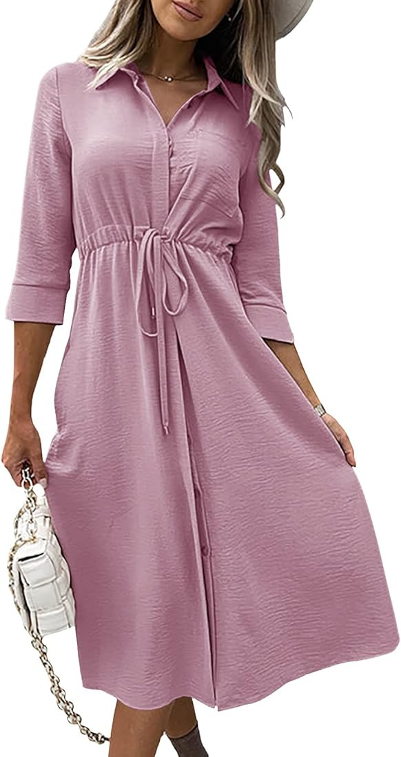 Febriajuce Women's 3/4 Sleeve Maxi Dress Casual Drawstring Half Sleeve High Waist Round Neck Loos... | Amazon (US)