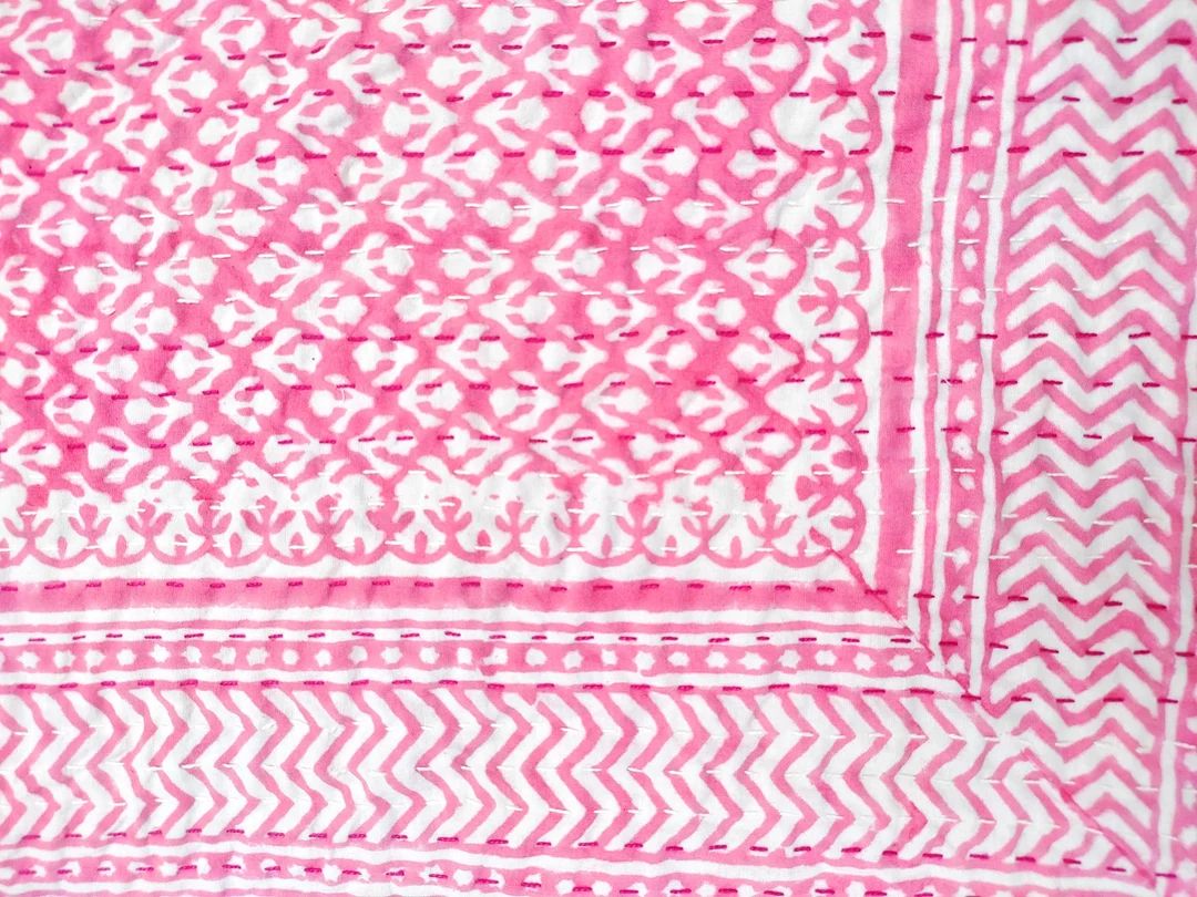Pink Hand Block Print Kantha Quilt Pink Floral Block Print Kantha Bedspread Kantha Quilt Kantha B... | Etsy (US)