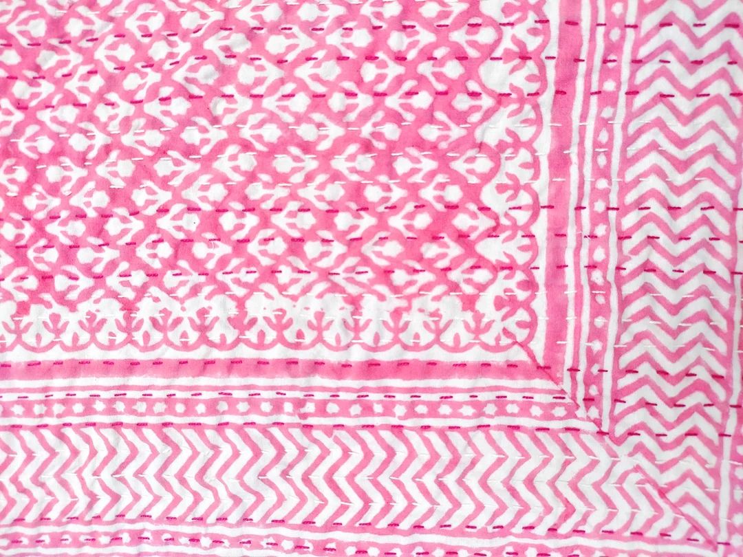 Pink Hand Block Print Kantha Quilt Pink Floral Block Print Kantha Bedspread Kantha Quilt Kantha B... | Etsy (US)