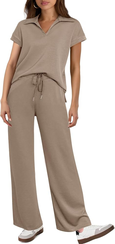 Glamaker Womens 2 Piece Summer Outfit Lounge Set Cap Sleeve Polo Top And Pant Set Tracksuit Trave... | Amazon (US)