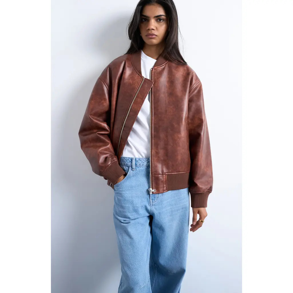 Topshop Oversize Faux Leather Bomber Jacket in Tan at Nordstrom, Size Small | Nordstrom