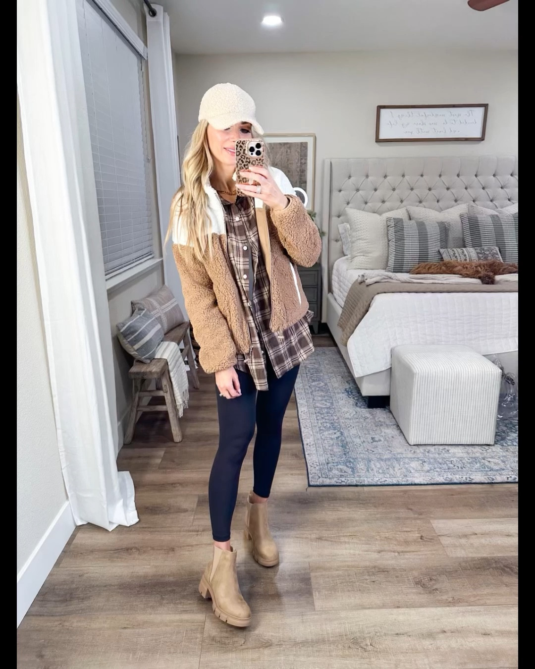 Casual thanksgiving outfit 
Amazon essentials women’s Sherpa jacket, size small 

Plaid flannel I sized up to a large 
Best black leggings size small under $23

Chelsea boot true to size
Sherpa hat on sale
Amazon fashion 

#LTKSeasonal #LTKstyletip #LTKunder50