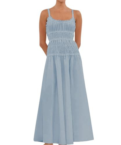 Eahusar Women Spaghetti Strap Maxi Dress Sleeveless Scoop Neck Ruffle Tiered Elastic Casual Boho Flowy Dress Blue | Amazon (US)