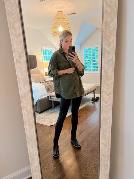 Fall outfit 
•$28 corduroy shirt, size small 
•faux leather leggings, size small, 10% off with code KENDALLXSPANX 
•Chelsea boots under $50, fit tts 

#LTKfindsunder100 #LTKfindsunder50 #LTKSeasonal